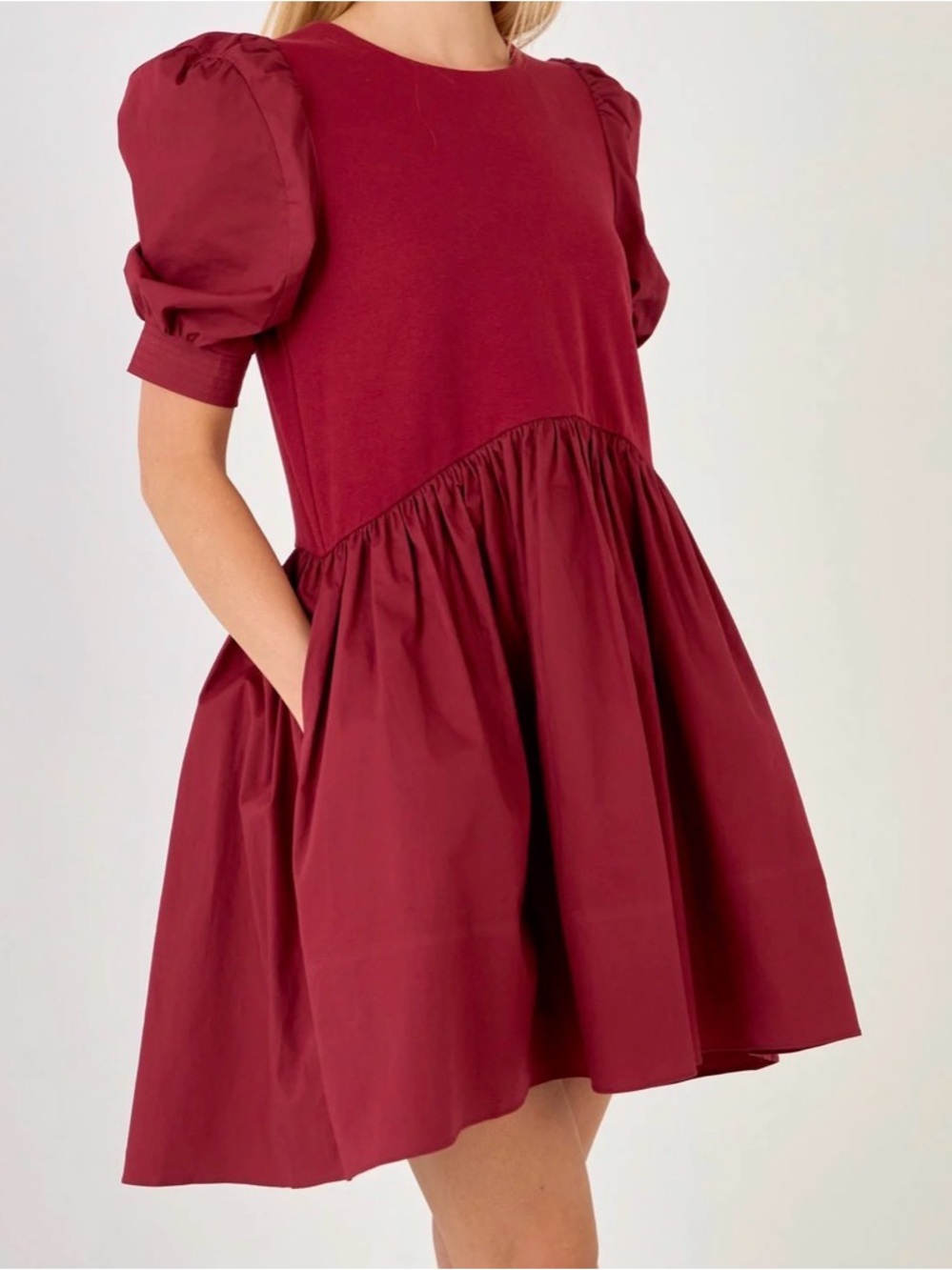 English Factory Burgundy Puff Sleeve High Low Mini Dress